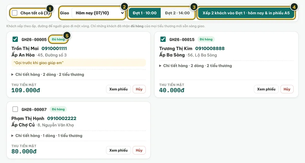 Thẻ Soạn đợt giao: thanh chọn khách, ngày giao, đợt giao, nút Xếp vào đợt và in phiếu, các khách đủ hàng
