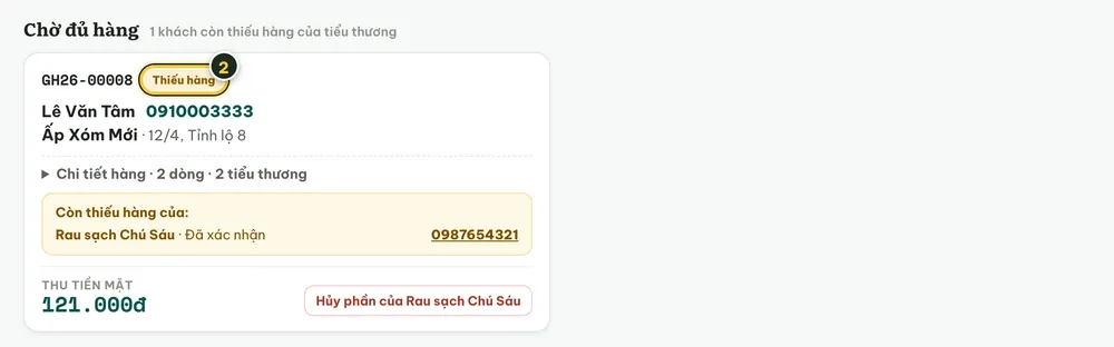 Mục Chờ đủ hàng: thẻ khách có dòng Còn thiếu hàng của tiểu thương nào, kèm số điện thoại