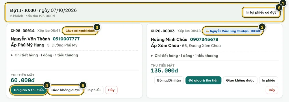 Thẻ Đang giao: đợt 1, một khách chưa có người nhận, một khách đã có nhân viên nhận