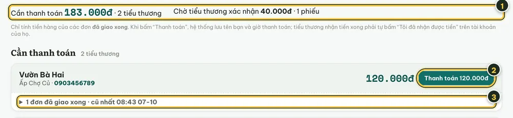 Thẻ Thanh toán tiểu thương: tổng cần thanh toán, danh sách tiểu thương kèm nút Thanh toán