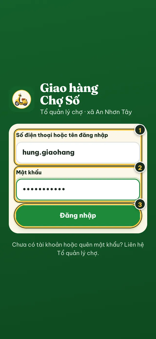 Màn hình đăng nhập ứng dụng Giao hàng Chợ Số