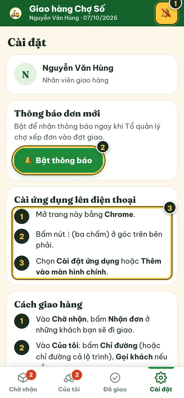 Mục Cài đặt: nút Bật thông báo và hướng dẫn cài ứng dụng