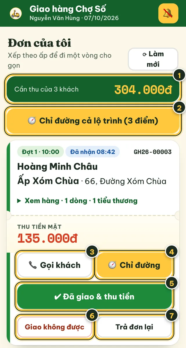 Thẻ Của tôi: tổng tiền cần thu, nút Chỉ đường cả lộ trình, các nút Gọi khách, Chỉ đường, Đã giao và thu tiền
