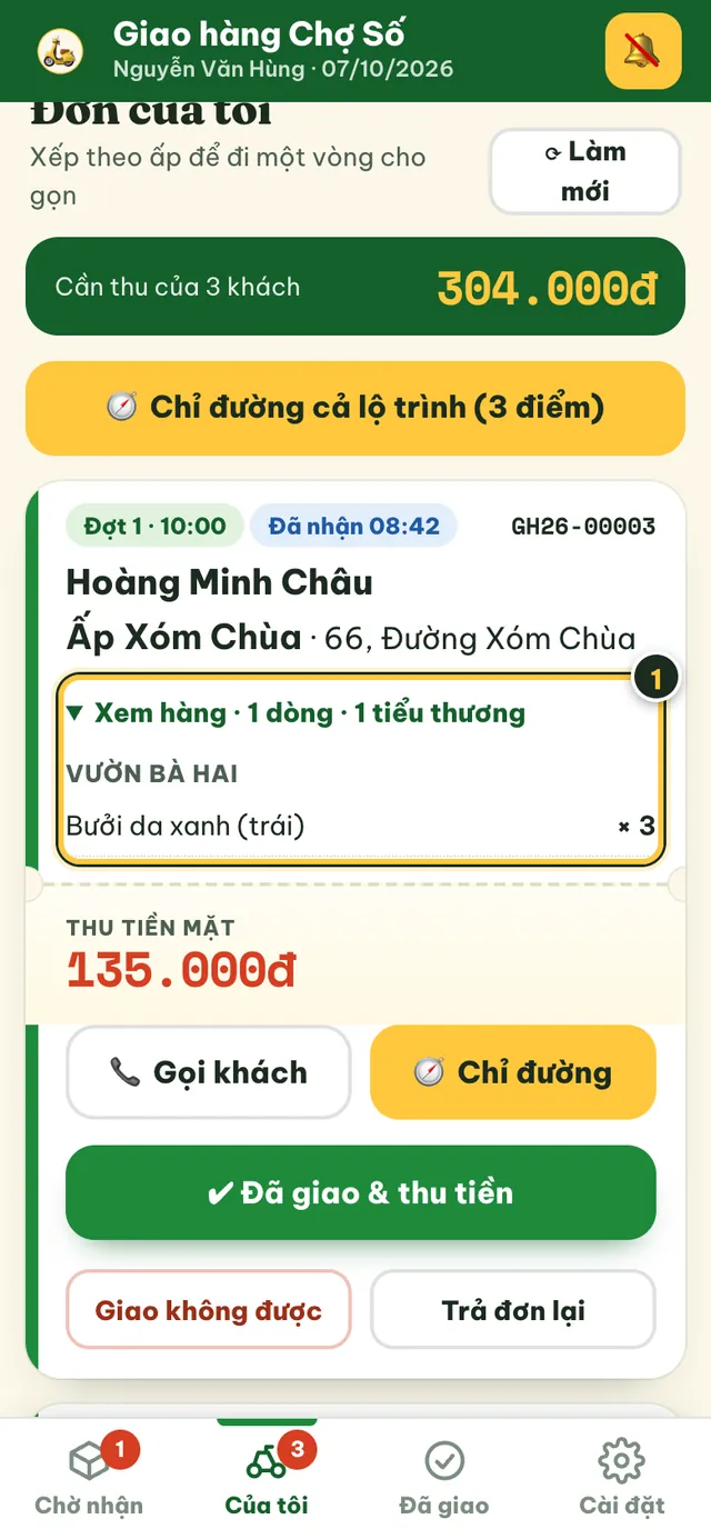 Thẻ khách đã mở danh sách hàng chia theo tiểu thương