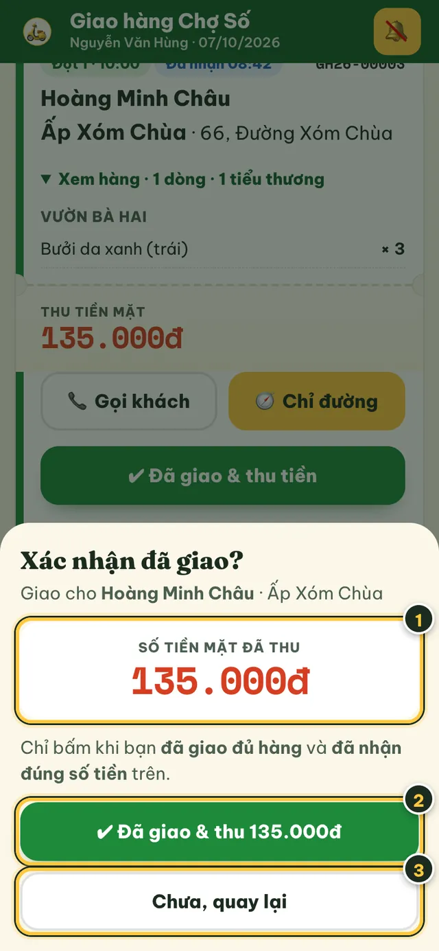 Hộp xác nhận đã giao với số tiền mặt đã thu và nút Đã giao và thu tiền